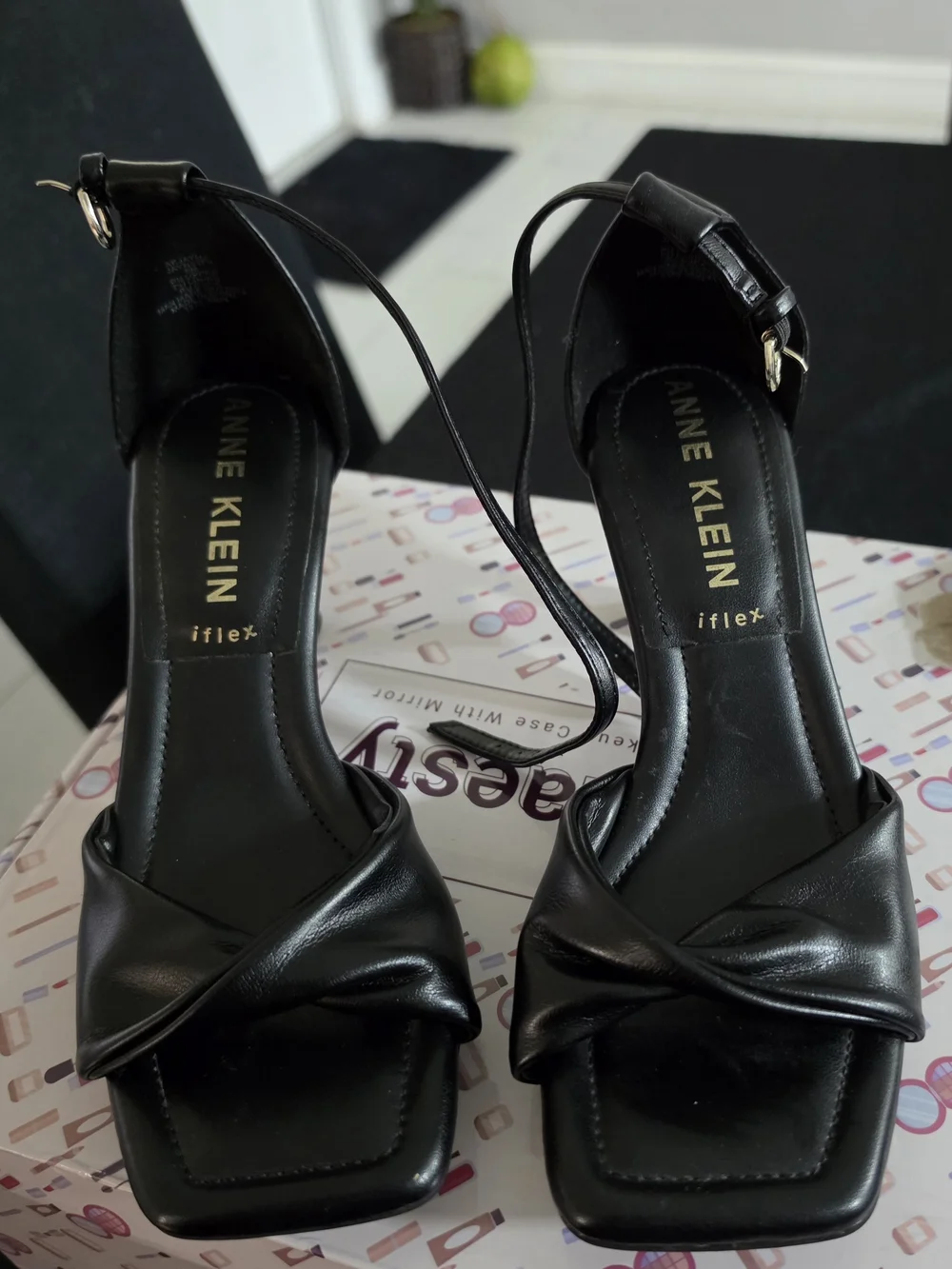 Anne Klein Black Leather Knot Front Ankle-Strap Sandals